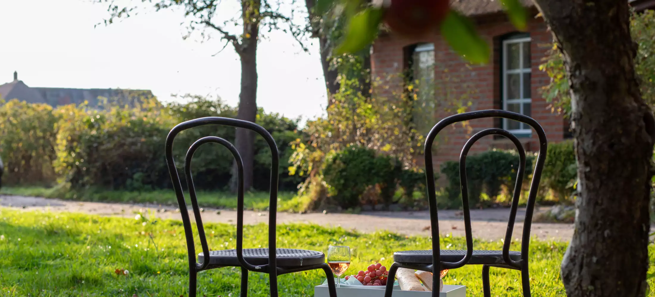 Zwei Stühle und Tischchen mit Wein, Käse, Baguette und Weintrauben im Garten des Deichschlösschens