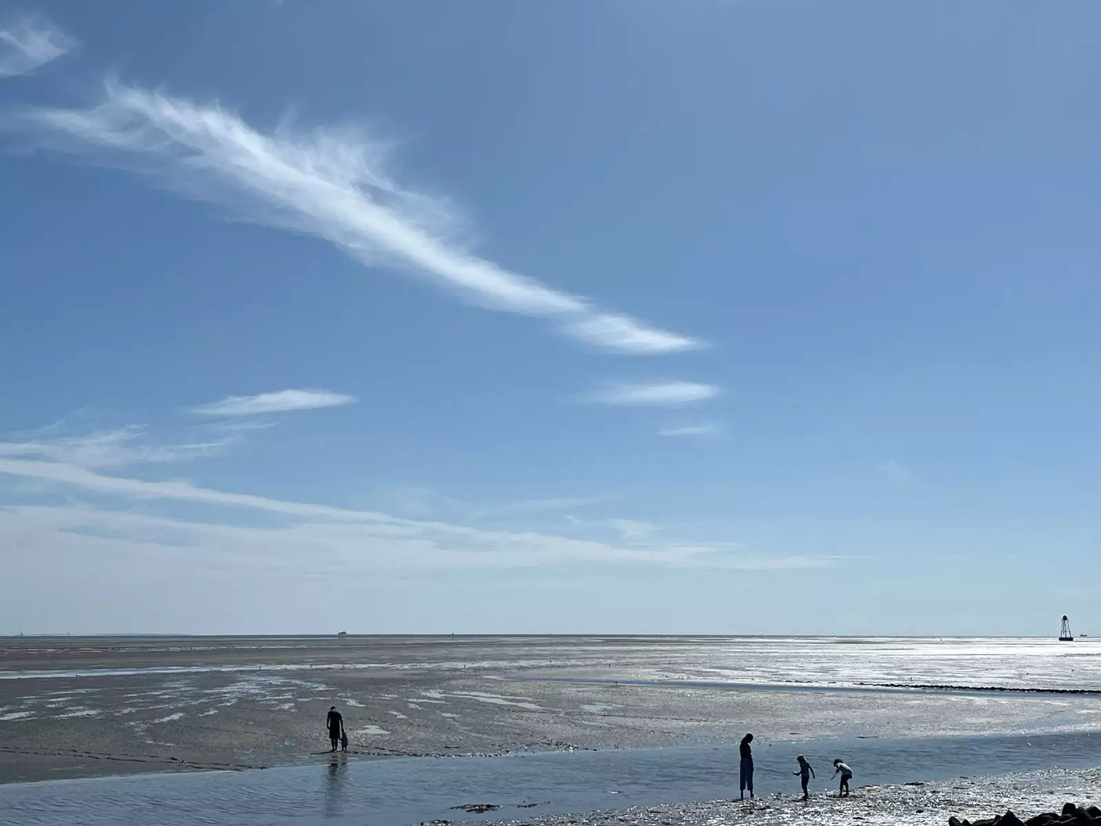Familie mit Kindern beim Wattwandern auf Pellworm bei strahlend blauem Himmel