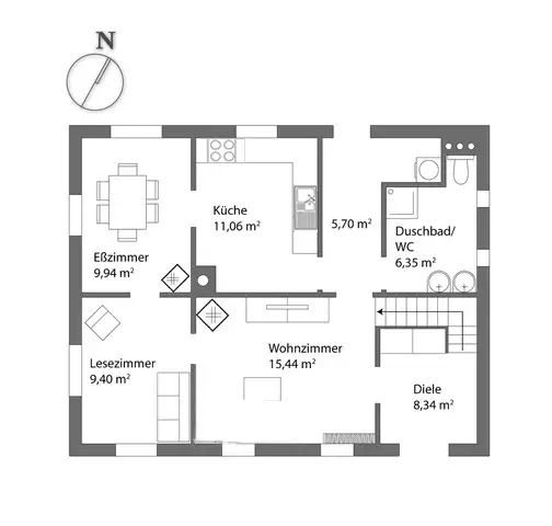 Das ist der Grundriss vom Erdgeschoss des Ferienhauses