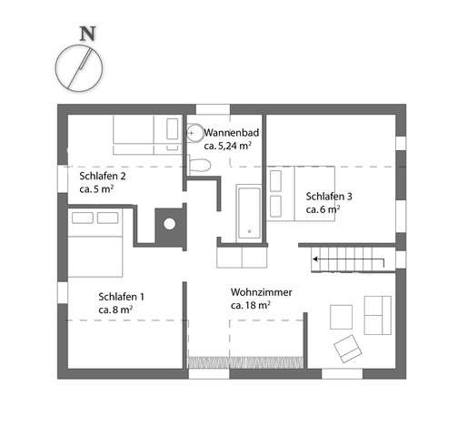 Das ist der Grundriss des Ferienhauses für das Dachgeschoss